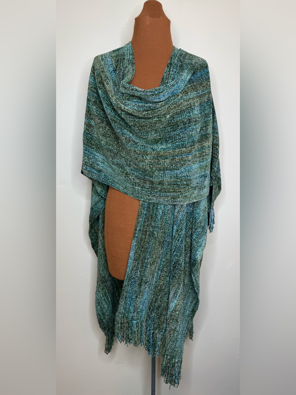 Pat Daris Vintage Fringe Shawl Wrap Chenille Hand Dyed Green Blue Tones